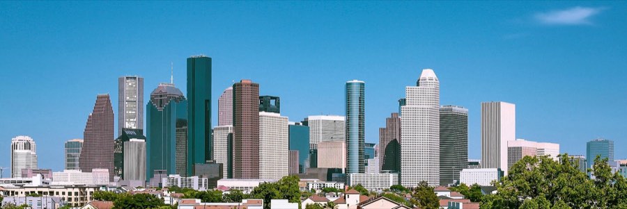 Downtown Houston skyline above the trees